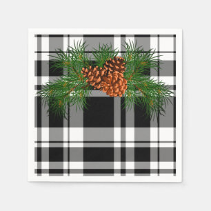 Serviette En Papier Plaid noir et blanc avec détail de cône de pin