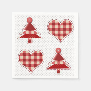 Serviette En Papier Plaid Red Christmas Trees and Hearts Motif