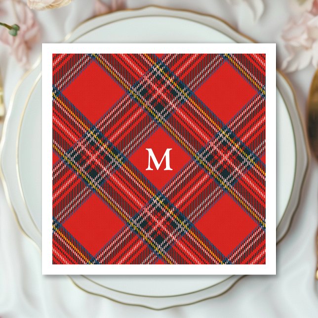 Serviette En Papier Plaid Tartan Rouge Noël Monogramme (Créateur téléchargé)