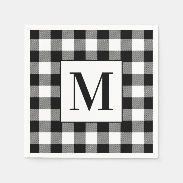 Serviette En Papier Plaids de buffle noir et blanc monogrammés (Devant)