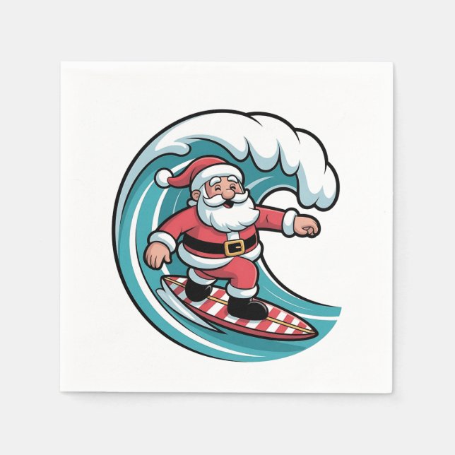 Serviette En Papier Planche de surf drôle de Noël Santa surfant (Devant)