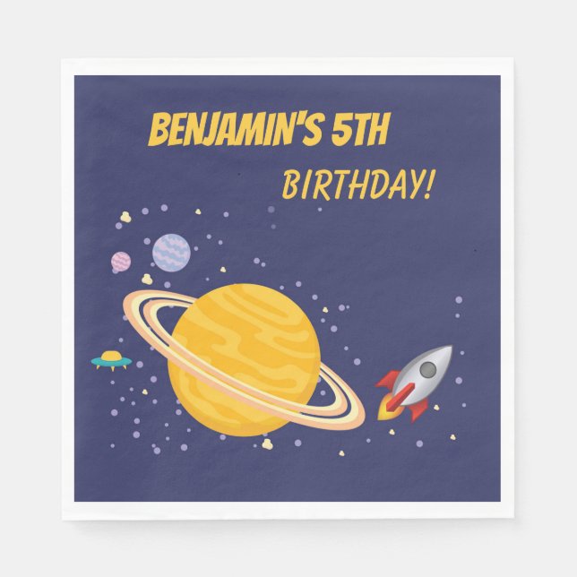 Serviette En Papier Planètes d'anniversaire et Rockship dans l'espace  (Devant)