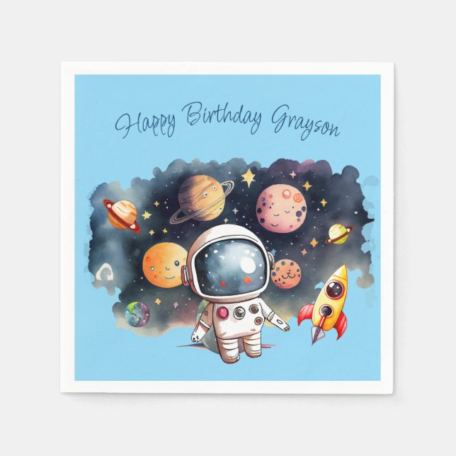 Serviette En Papier Planètes de l'espace extérieur Bleu Anniversaire (Devant)