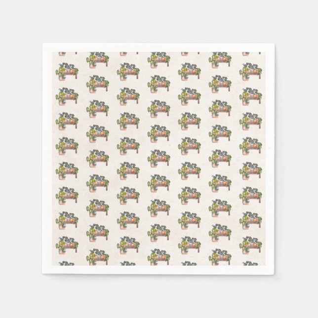 Serviette En Papier Plantes Potés Sur Le Banc Du Jardin (Devant)