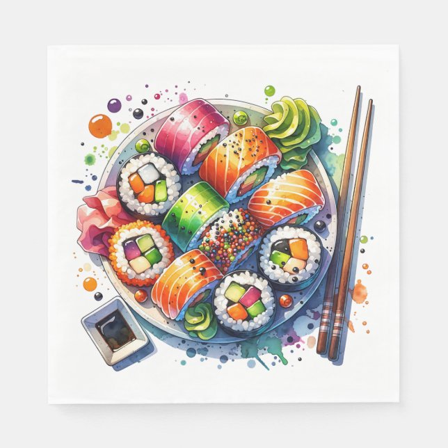 Serviette En Papier Plaque de sushi, de sauce de soja et de baguettes  (Devant)