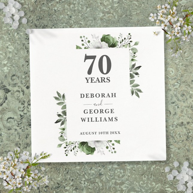 Serviette En Papier Platinum Greenery Floral 70e anniversaire Mariage (Platinum Greenery Floral 70th Wedding Anniversary Napkins)