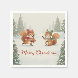 Serviette En Papier Playful Squirrels in Christmas Winter Forest