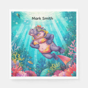 Serviette En Papier Plongeur Scaphandrier Hippopotame sous l'eau