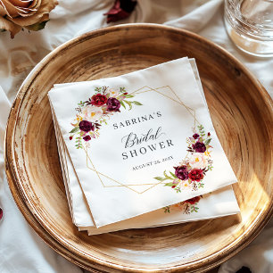 Serviette En Papier Pluie de Mariée Burgundy Blush Floral Or Géométriq