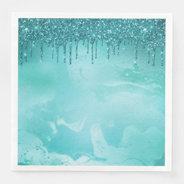 Serviette En Papier Pluie de Parties scintillant turquoise sur marbre  (Devant)