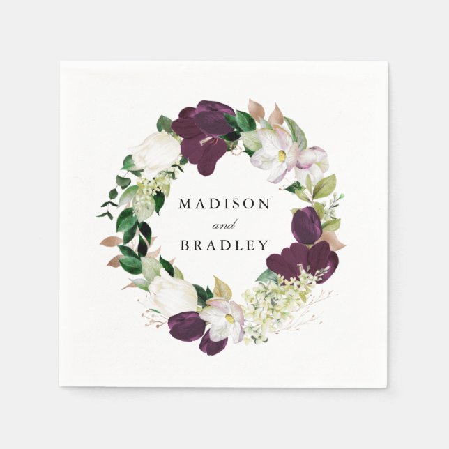 Serviette En Papier Plum floral foncé | Mariage personnalisé (Devant)