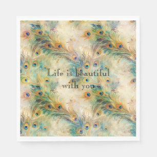 Serviette En Papier Plumes Aqua Green Gold Peacock