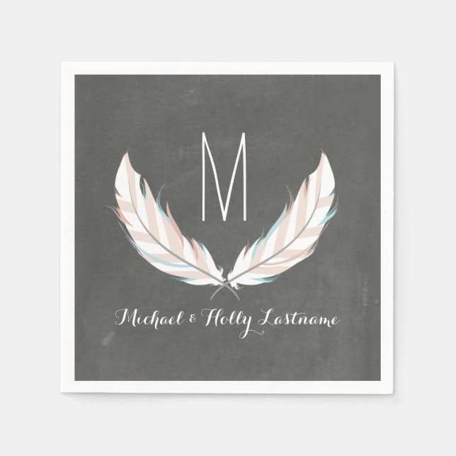 Serviette En Papier Plumes + Chalkboard Monogram Mariage (Devant)