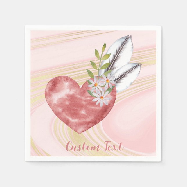 Serviette En Papier Plumes de coeur rose Boho Personnalisées (Devant)
