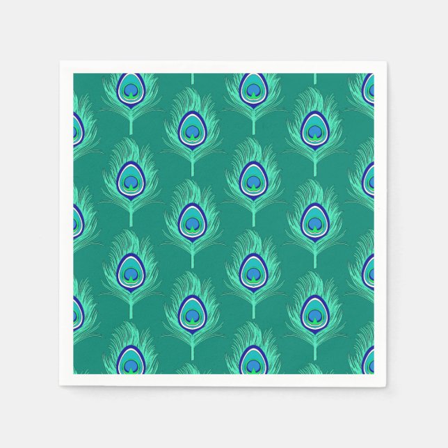 Serviette En Papier Plumes de paon, Aqua sur Turquoise / Peacock (Devant)