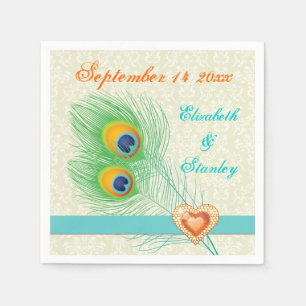 Serviette En Papier Plumes de paon avec coeur de bijou orange mariage