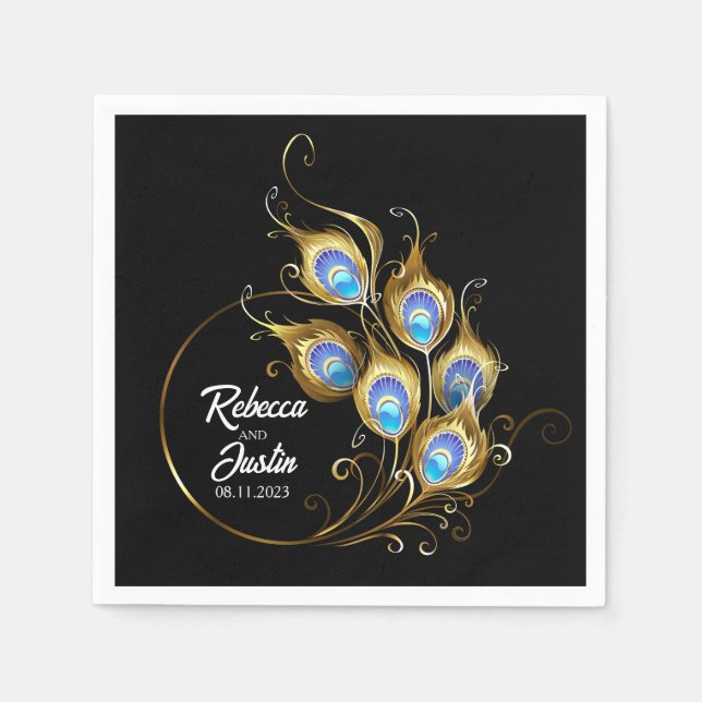 Serviette En Papier Plumes de paon doré Noir Boho moderne (Devant)