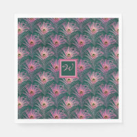 Plumes de paon rose et Monogramme sur Deep Green