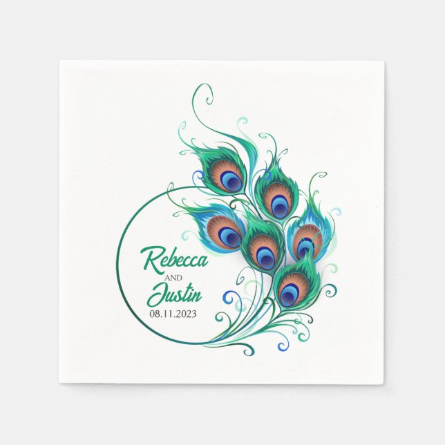 Serviette En Papier Plumes de paon vert Noir Boho moderne (Devant)