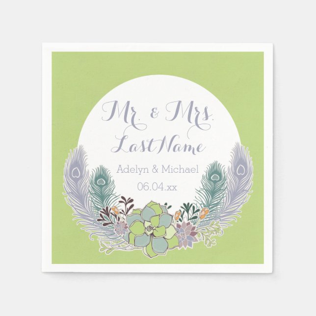 Serviette En Papier Plumes de Peacock Succulents Papier Mariage servie (Devant)