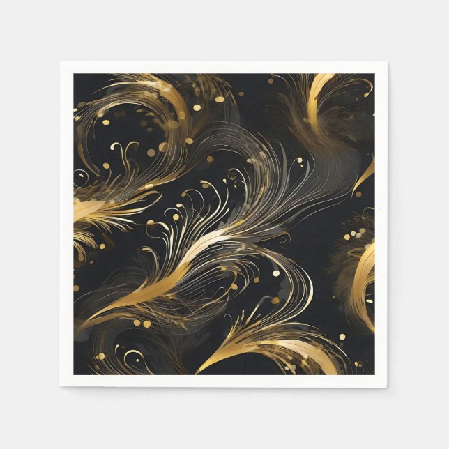 Serviette En Papier Plumes d'or en noir (Devant)