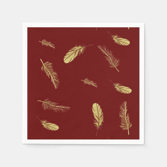 Serviette En Papier Plumes dorées Rouge foncé (Devant)