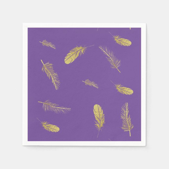 Serviette En Papier Plumes dorées violet (Devant)