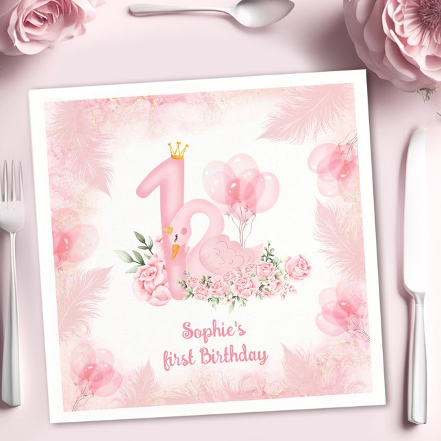 Serviette En Papier Plumes florales de cygne Rose Blanc fille 1er anni (Swan Floral Feather Pink White Girl 1st Birthday Napkins)