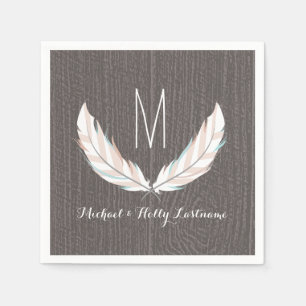 Serviette En Papier Plumes + Mariage Monogramme en bois de grange