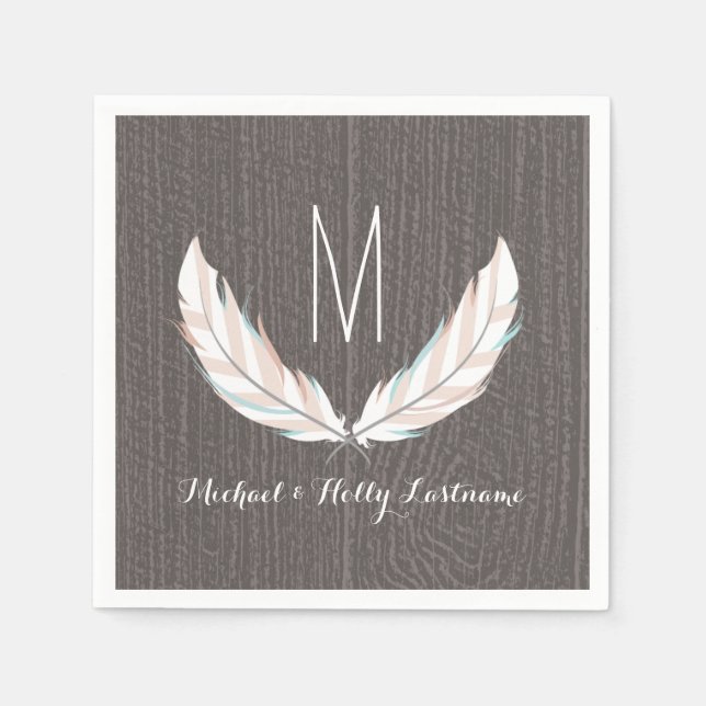 Serviette En Papier Plumes + Mariage Monogramme en bois de grange (Devant)