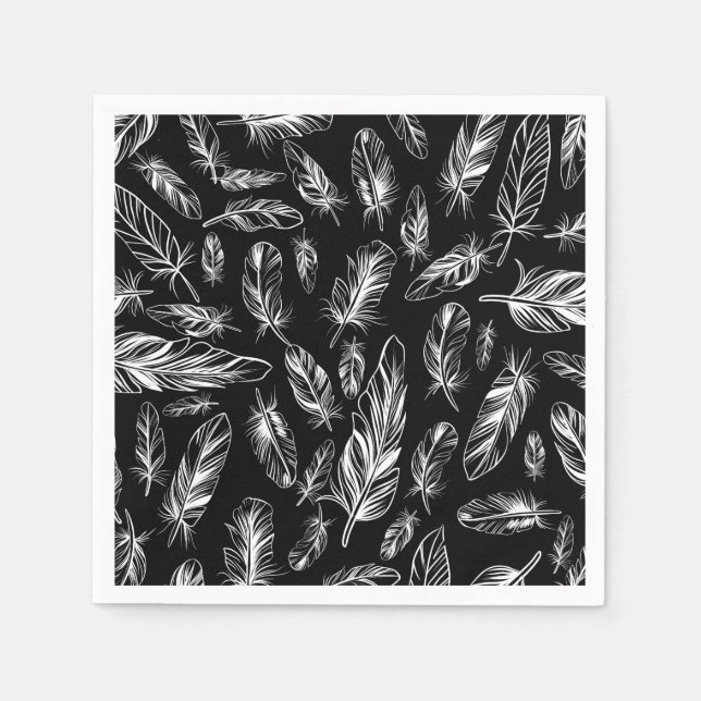 Serviette En Papier Plumes noires et blanches (Devant)