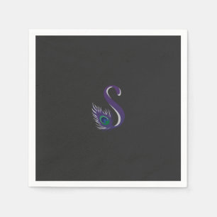 Serviette En Papier plumes violettes et vertes de paon sur le dos noir