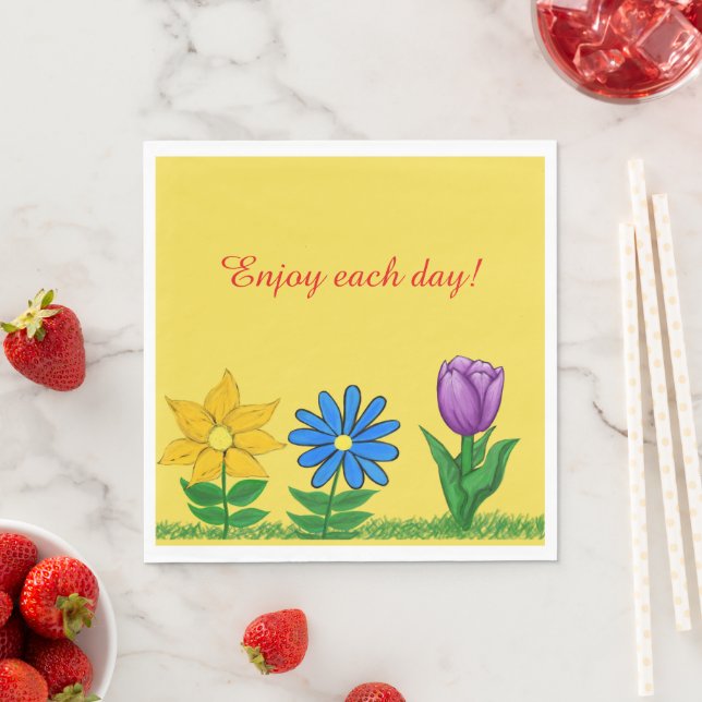 Serviette En Papier Plutôt Jaune Bleu Violet Fleurs Jaune serviettes J (En situation)