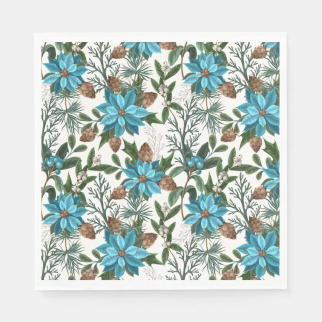 Serviette En Papier Poinsettia Bleue Et Pin (Devant)