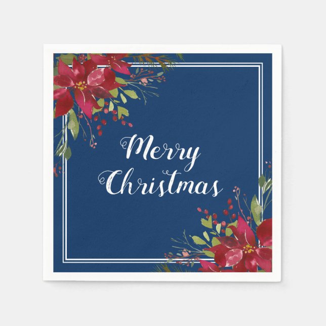 Serviette En Papier Poinsettia Marine Bleu Joyeux Noël (Devant)