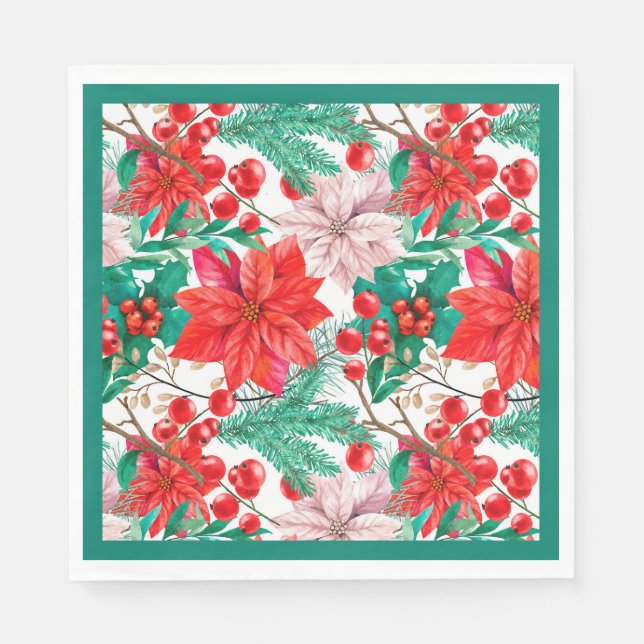 Serviette En Papier Poinsettia, Pine Boughs et Red Berries (Devant)