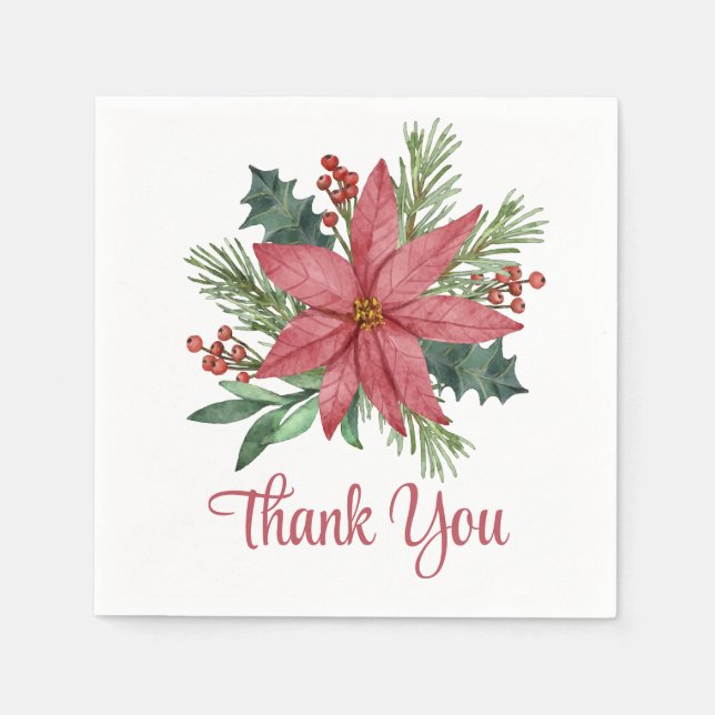 Serviette En Papier Poinsettia Rouge Floral Merci Noël (Devant)
