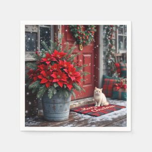 Serviette En Papier Poinsettias de Noël et chat blanc sur natte
