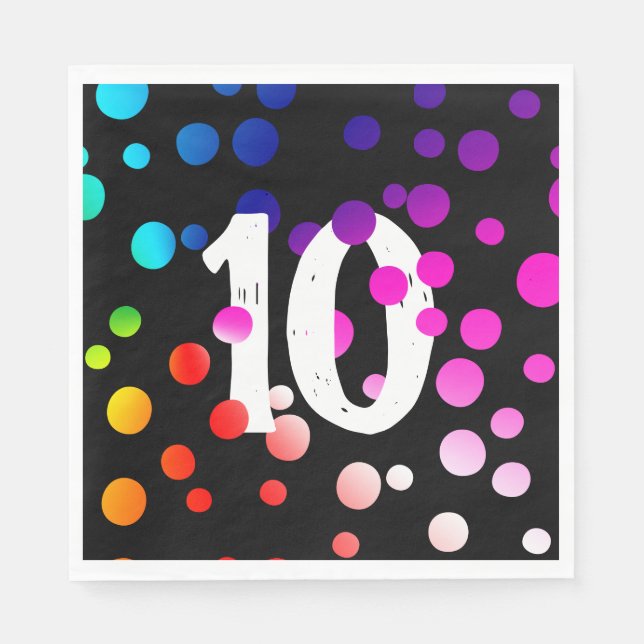 Serviette En Papier Points arc-en-ciel 10e anniversaire sur noir (Devant)