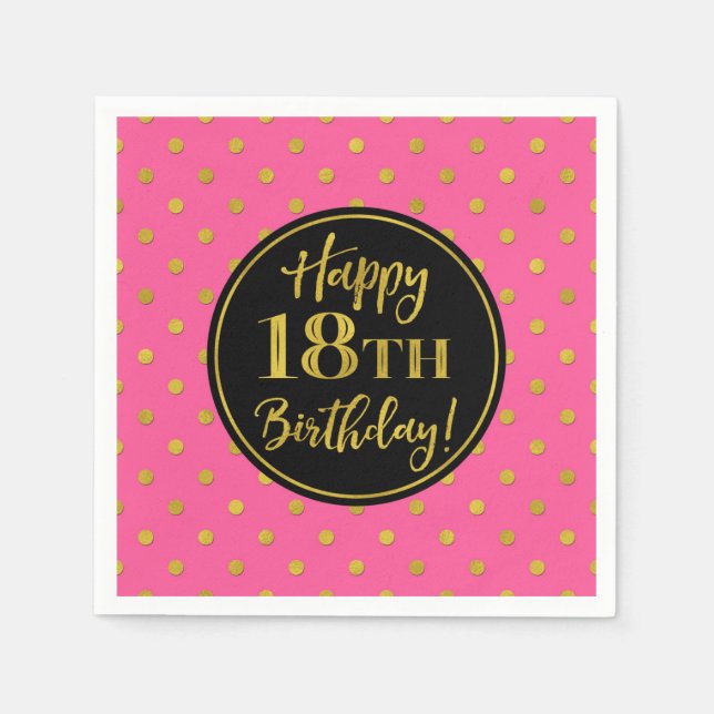 Serviette En Papier Points d'or rose noir 18e anniversaire (Devant)
