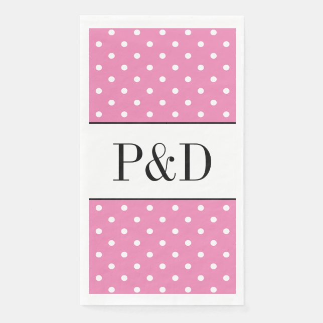 Serviette En Papier Points polka pink et blanc monogramme personnalisé (Devant)