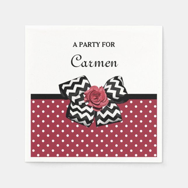 Serviette En Papier Pois rouges mignons avec Rose Chevron Bow et nom (Devant)