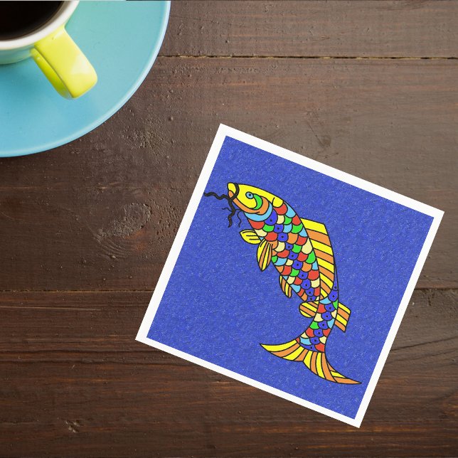 Serviette En Papier Poisson Abstrait coloré (Fancy brightly coloured fantasy fish on vibrant faux sparkle blue napkins.)