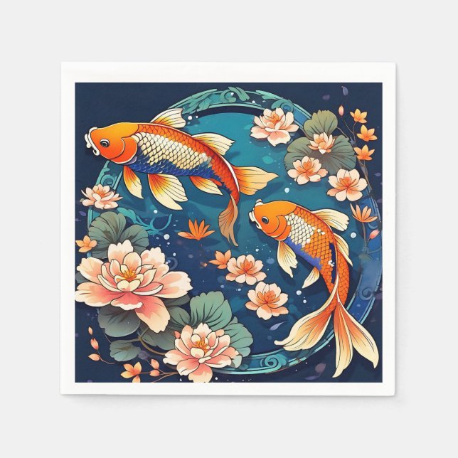 Serviette En Papier Poisson Koi vintage sur Indigo (Devant)