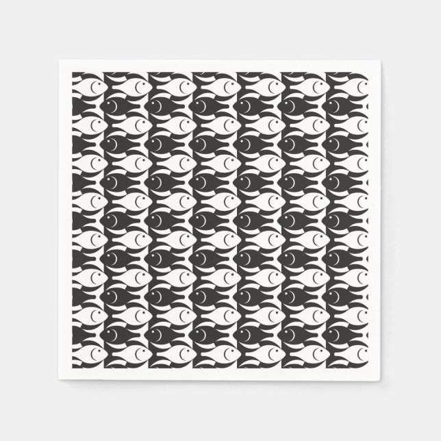 Serviette En Papier Poisson moderne du milieu du siècle, noir et blanc (Devant)