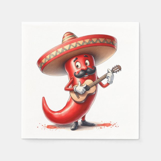 Serviette En Papier Poivre Mexicain Rouge Avec Guitare (Devant)