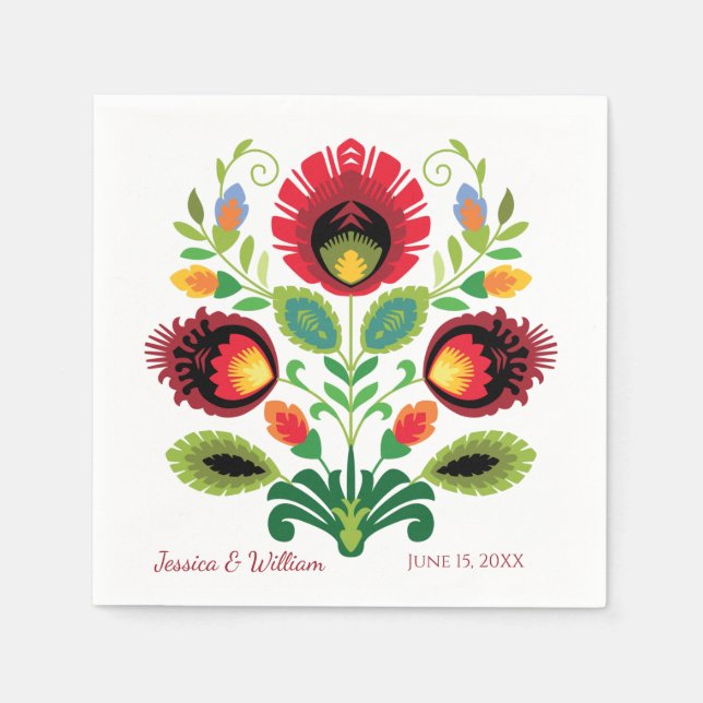 Serviette En Papier Polonais Fleurs folkloriques Mariage rouge Napkin (Devant)