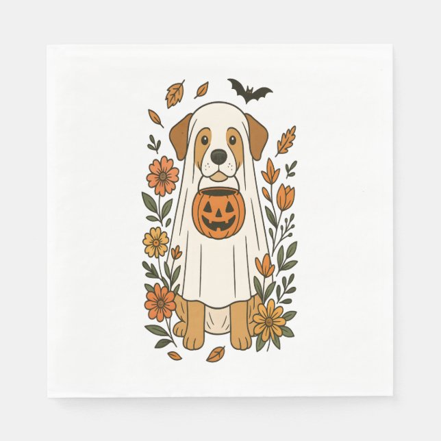 Serviette En Papier Poodle d'Halloween aux fleurs d'automne (Devant)