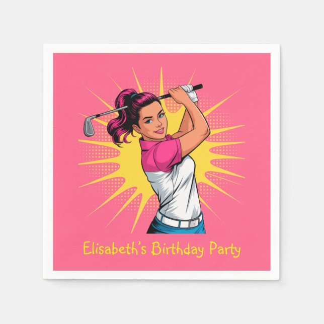 Serviette En Papier Pop Art Girl Golfer fête d'anniversaire (Devant)