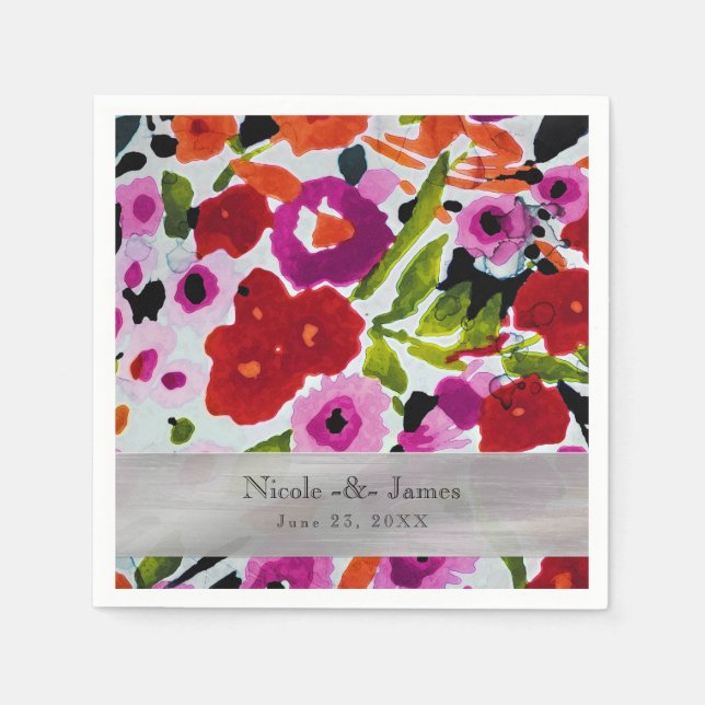 Serviette En Papier Pop de couleur franche Fleurs aquarelles encrées (Devant)